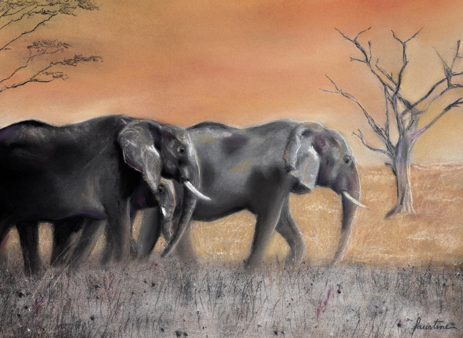 Famille d'Eléphants - Pastel - 40 x 30 cm - 200 €