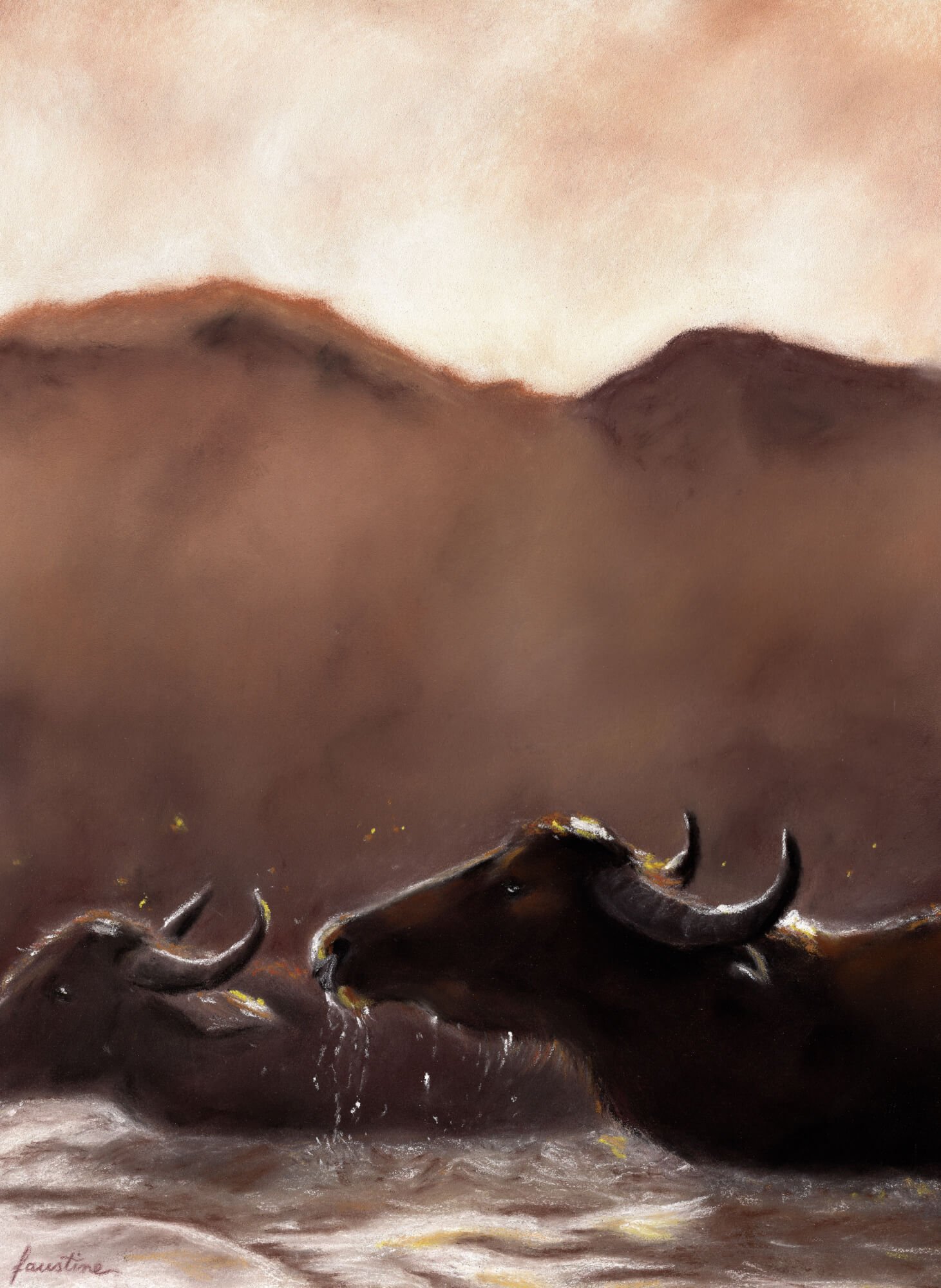 pastel buffles rivière montagne