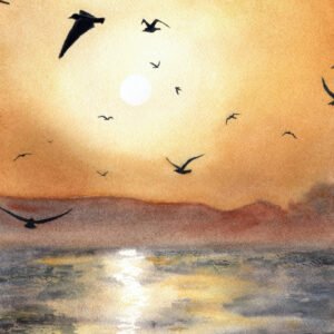 aquarelle vol oiseaux ciel mer