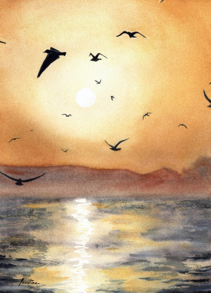 aquarelle vol oiseaux ciel mer