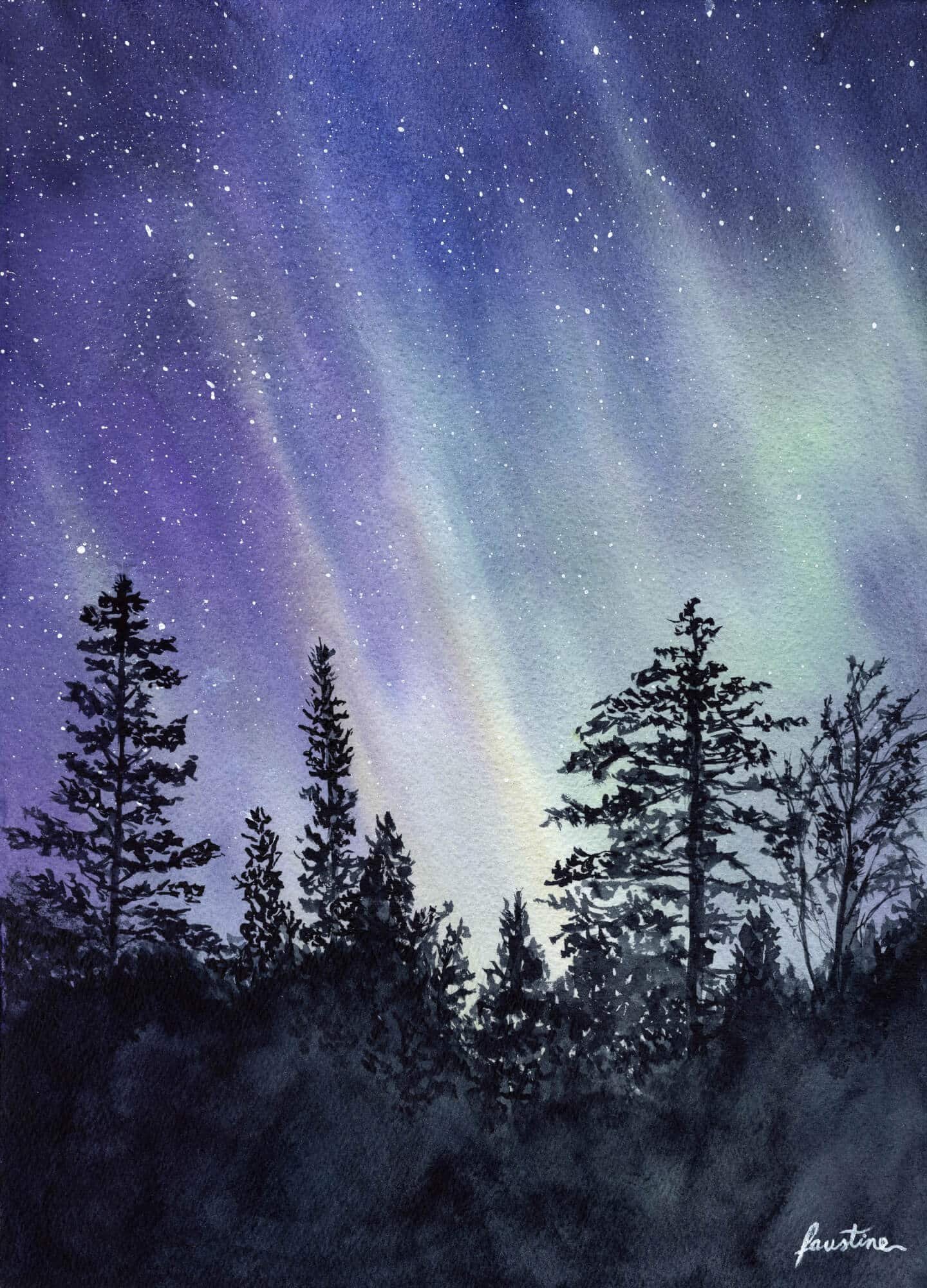 aquarelle aurores boréales ciel forêt
