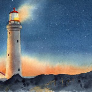 Phare dans la Nuit - Aquarelle - 36 x 26 cm - 160 €