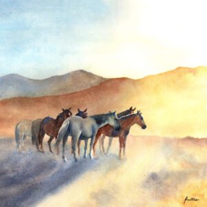 aquarelle troupeau chevaux sauvages