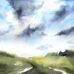 Aquarelle campagne verte ciel