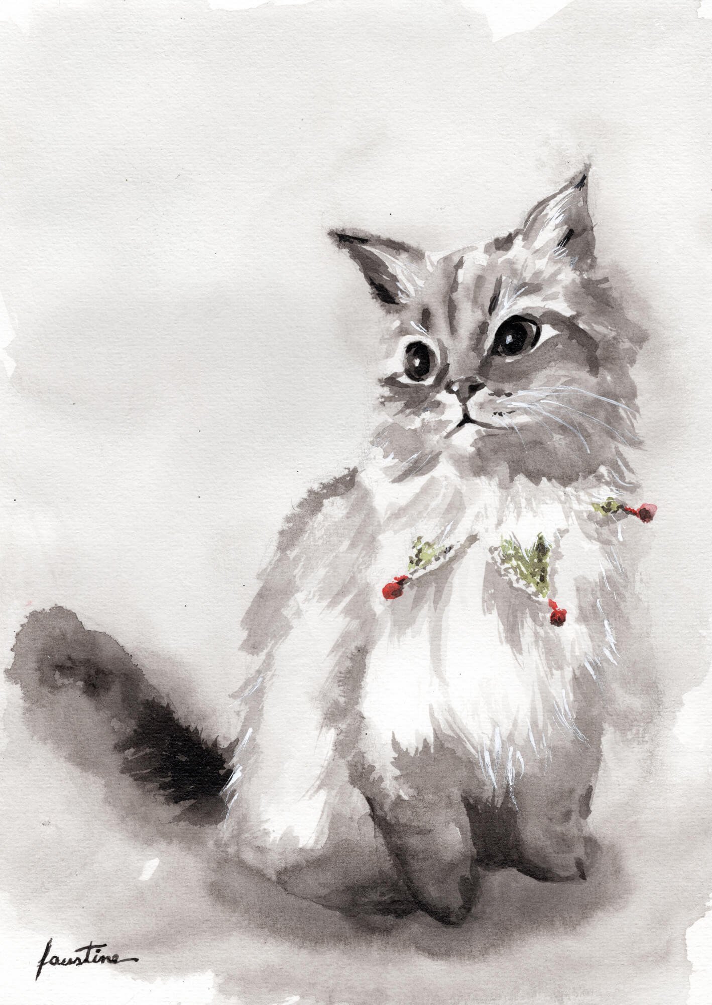 chat noël encre de chine