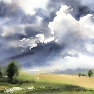 Aquarelle ciel tempête campagne
